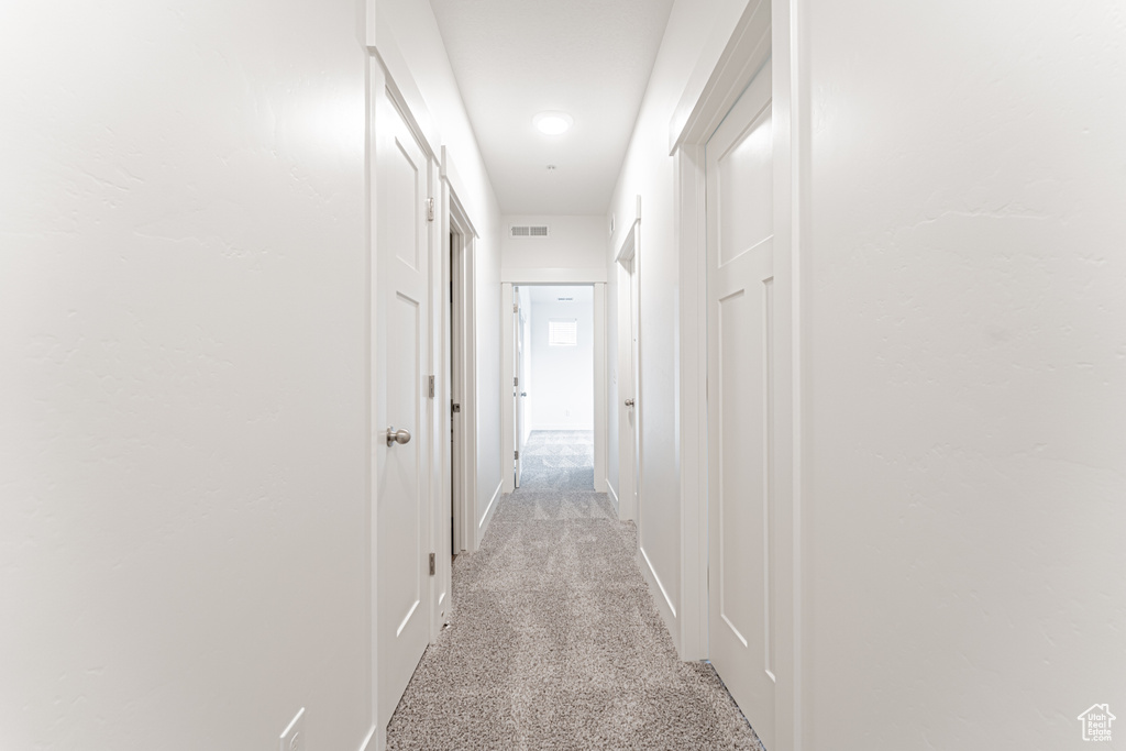 Hall with baseboards, visible vents, and light carpet