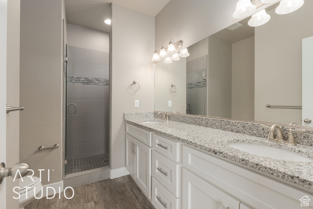 Bathroom featuring a shower with door, hardwood / wood-style flooring, and vanity