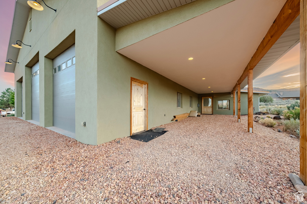 Exterior space with a garage