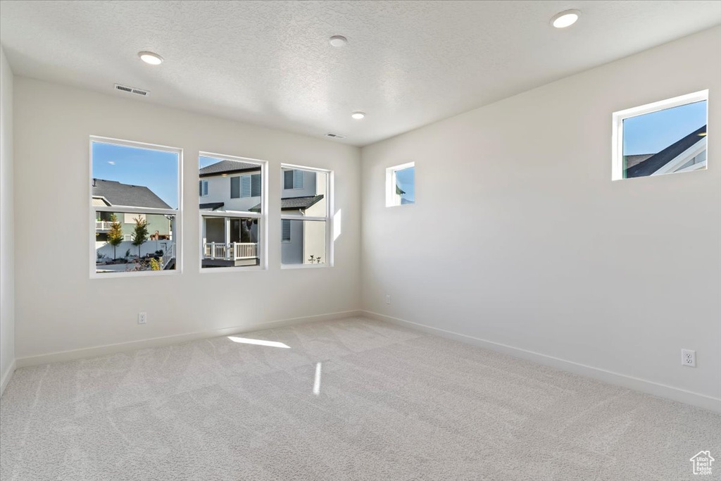 Spare room featuring light carpet, a textured ceiling, and plenty of natural light