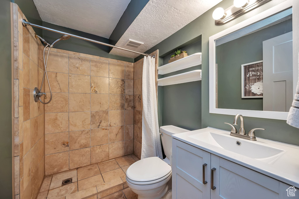 Bathroom featuring vanity, toilet, a textured ceiling, and a shower with shower curtain