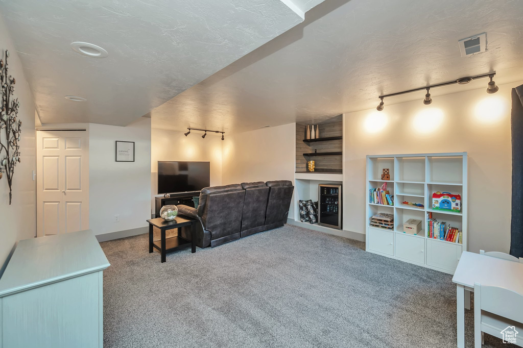 Carpeted living room with a textured ceiling and track lighting