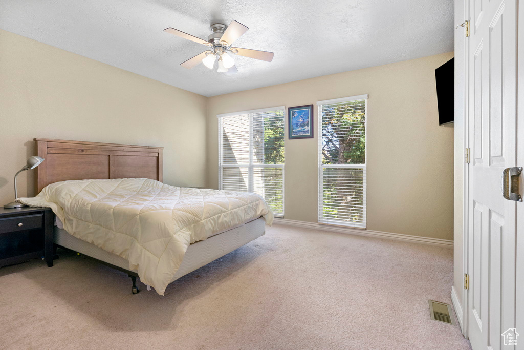 Carpeted bedroom with multiple windows and ceiling fan