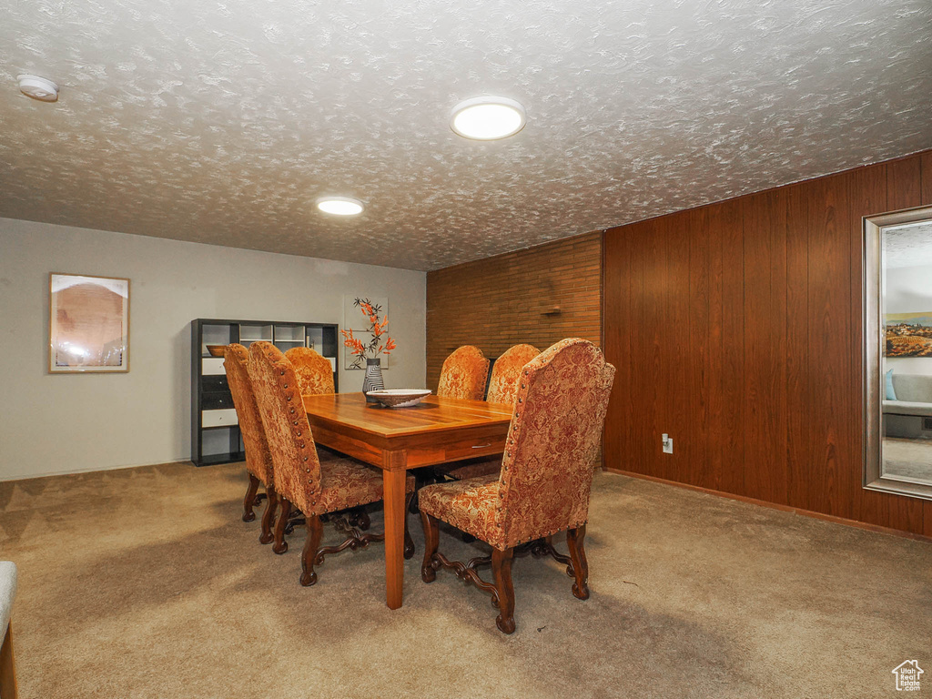 Dining room featuring a textured ceiling, wooden walls, and carpet