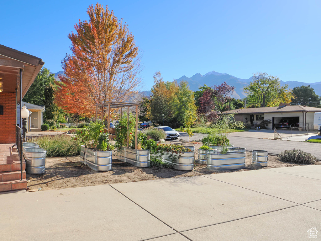 View of patio featuring a mountain view