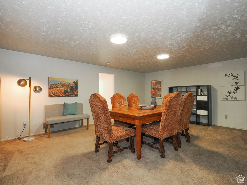 Carpeted dining room with a textured ceiling