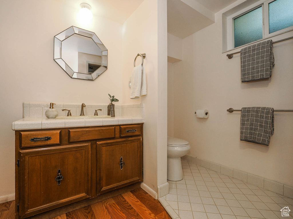 Bathroom featuring vanity, hardwood / wood-style floors, and toilet