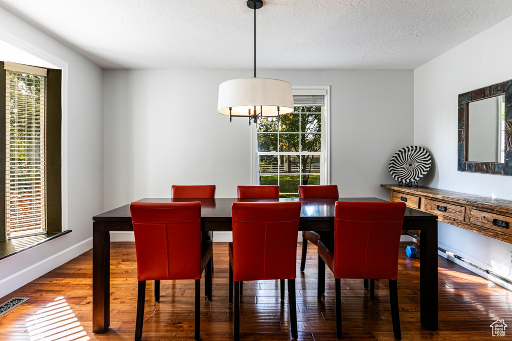 Dining area with hardwood / wood-style floors and a textured ceiling