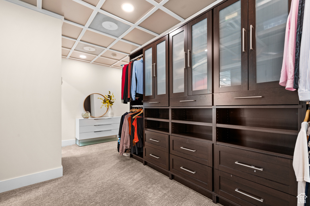 Walk in closet with light carpet and coffered ceiling