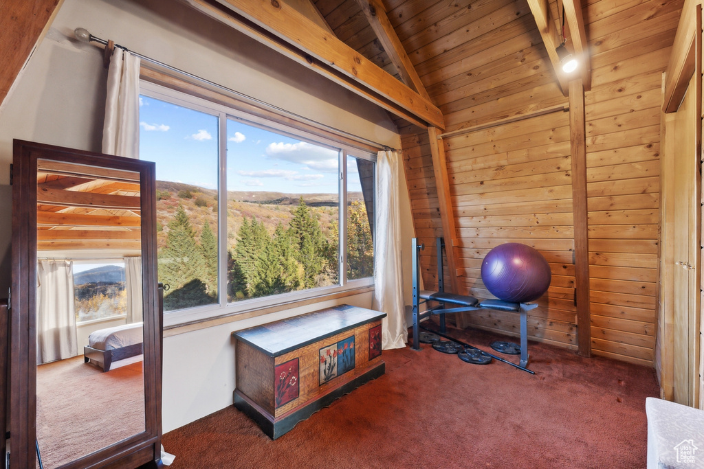 Workout area featuring wood ceiling, vaulted ceiling, and dark carpet