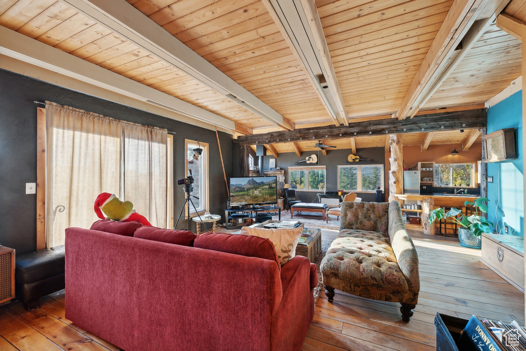 Living room featuring wooden ceiling, sink, vaulted ceiling with beams, and hardwood / wood-style floors