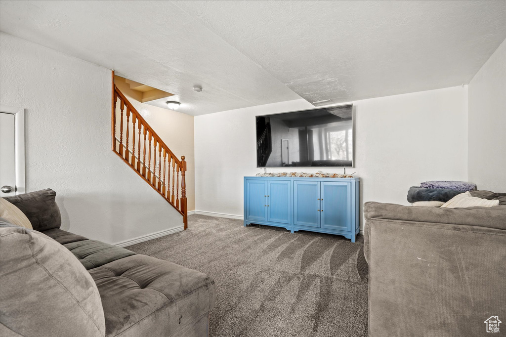 Carpeted living room with a textured ceiling