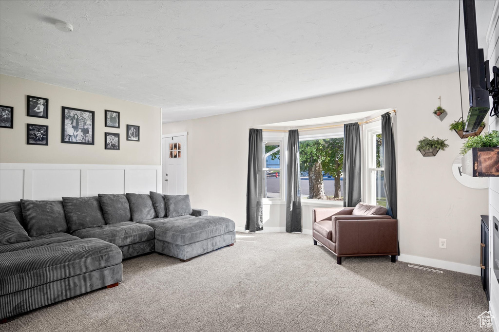 Carpeted living room with a fireplace