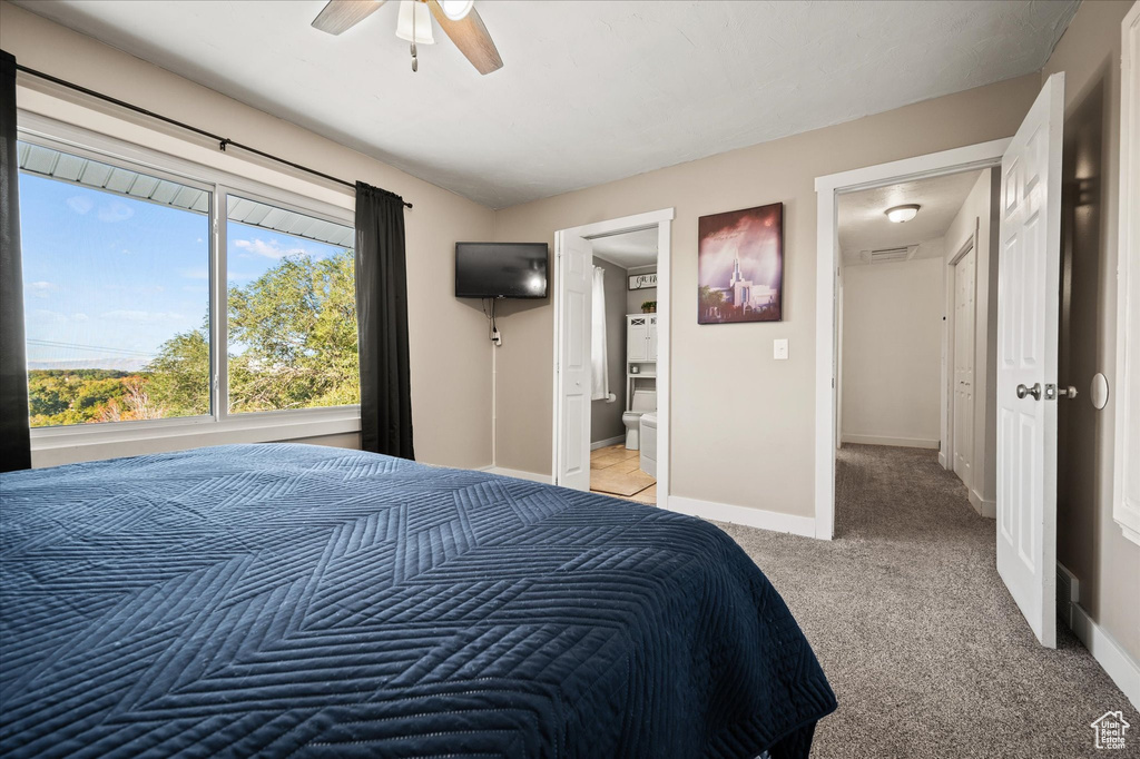 Carpeted bedroom with connected bathroom and ceiling fan