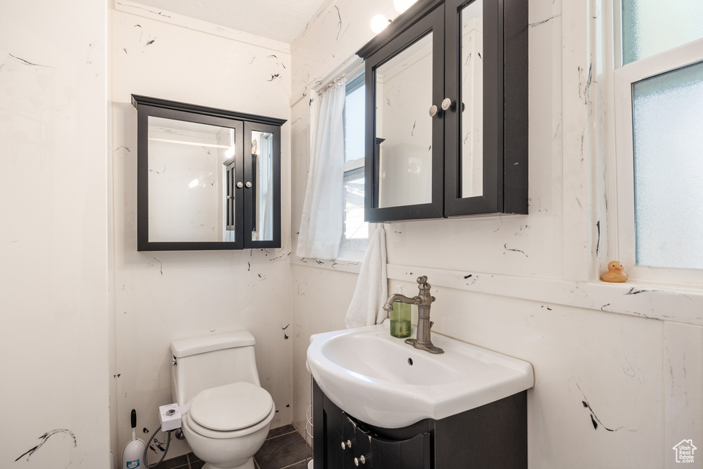 Bathroom featuring vanity, toilet, and plenty of natural light