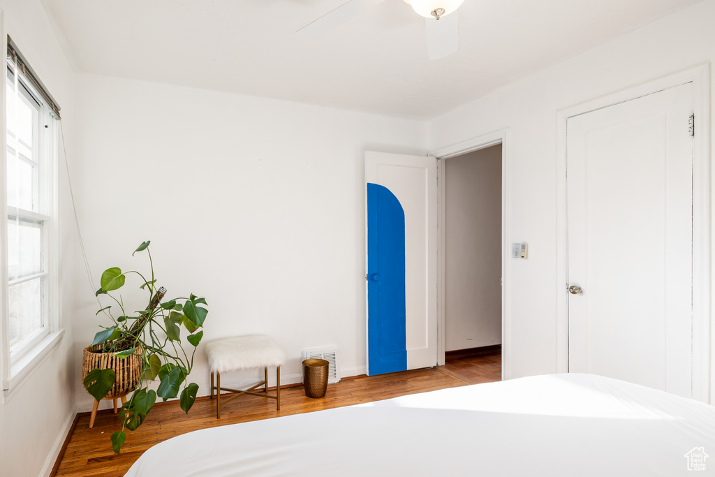 Bedroom with ceiling fan and hardwood / wood-style flooring