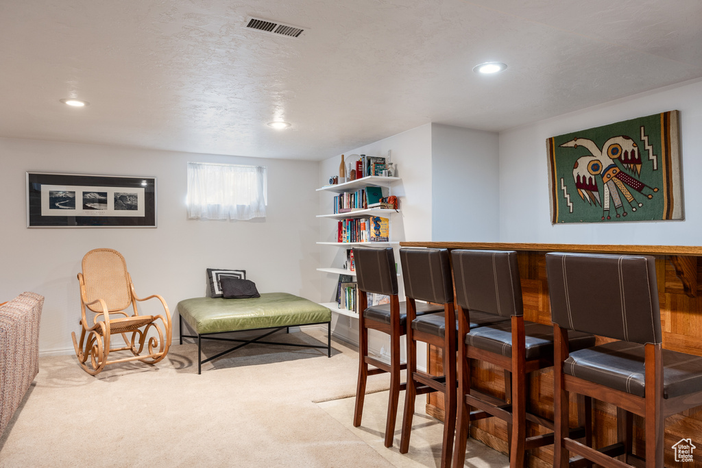 Bar featuring a textured ceiling and carpet