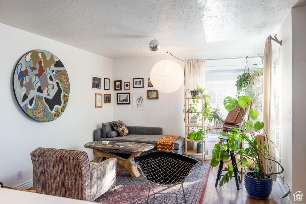 Living room with hardwood / wood-style floors and a textured ceiling