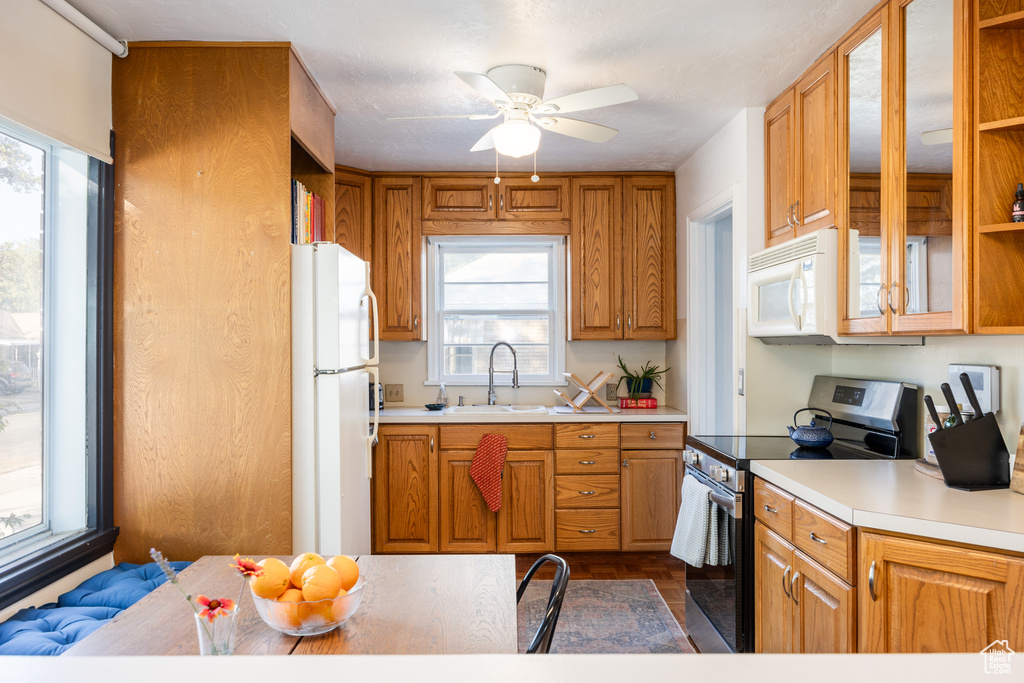 Kitchen featuring white appliances, ceiling fan, sink, and plenty of natural light