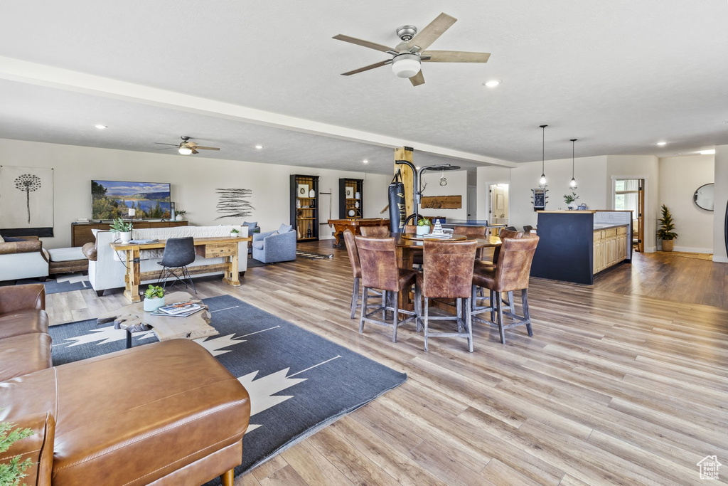 Living room featuring light hardwood / wood-style floors and ceiling fan