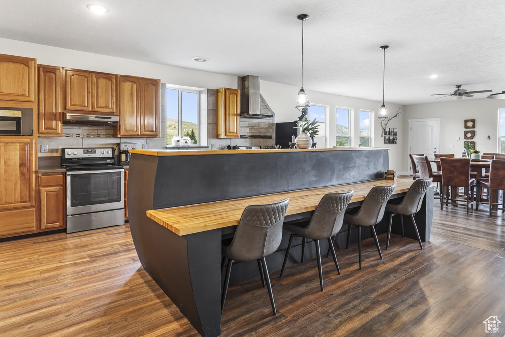 Kitchen featuring stainless steel electric stove, wall chimney exhaust hood, plenty of natural light, and hardwood / wood-style floors