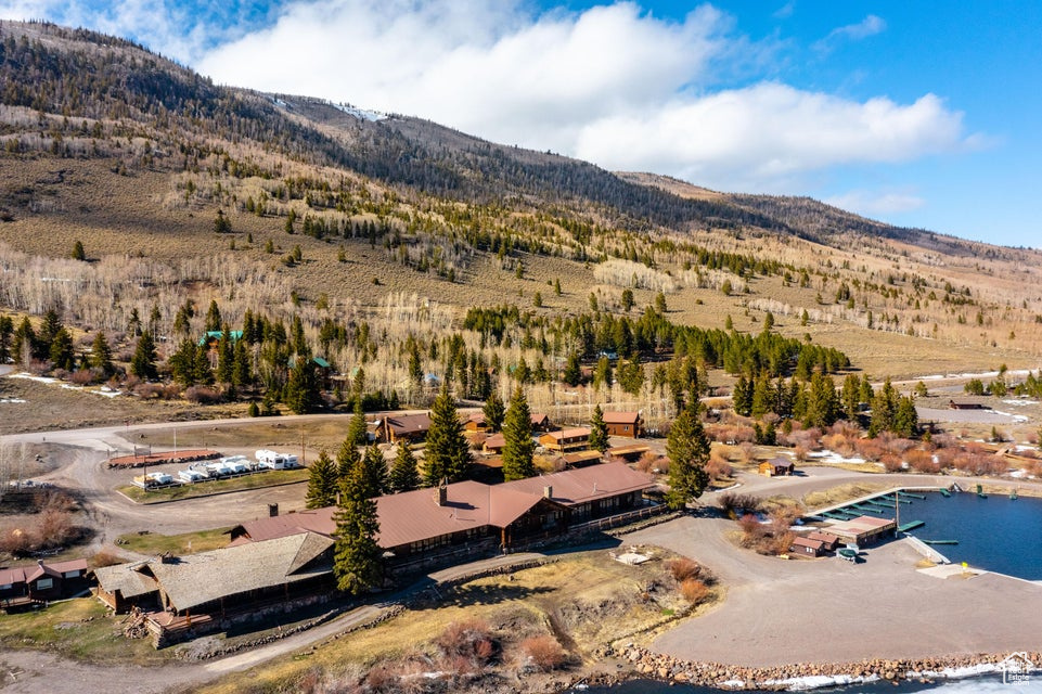 Bird's eye view featuring a water and mountain view