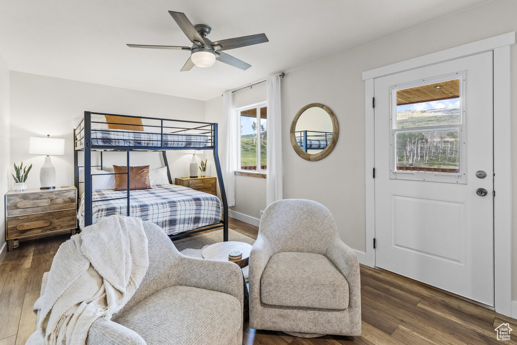 Bedroom with ceiling fan, multiple windows, and dark hardwood / wood-style flooring