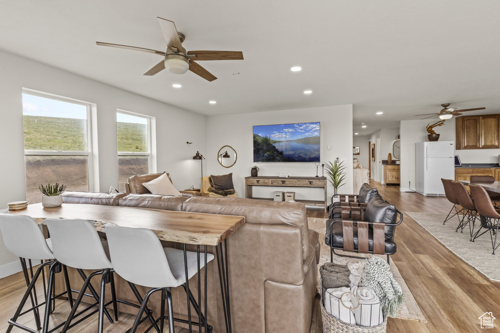 Living room featuring light hardwood / wood-style floors and ceiling fan