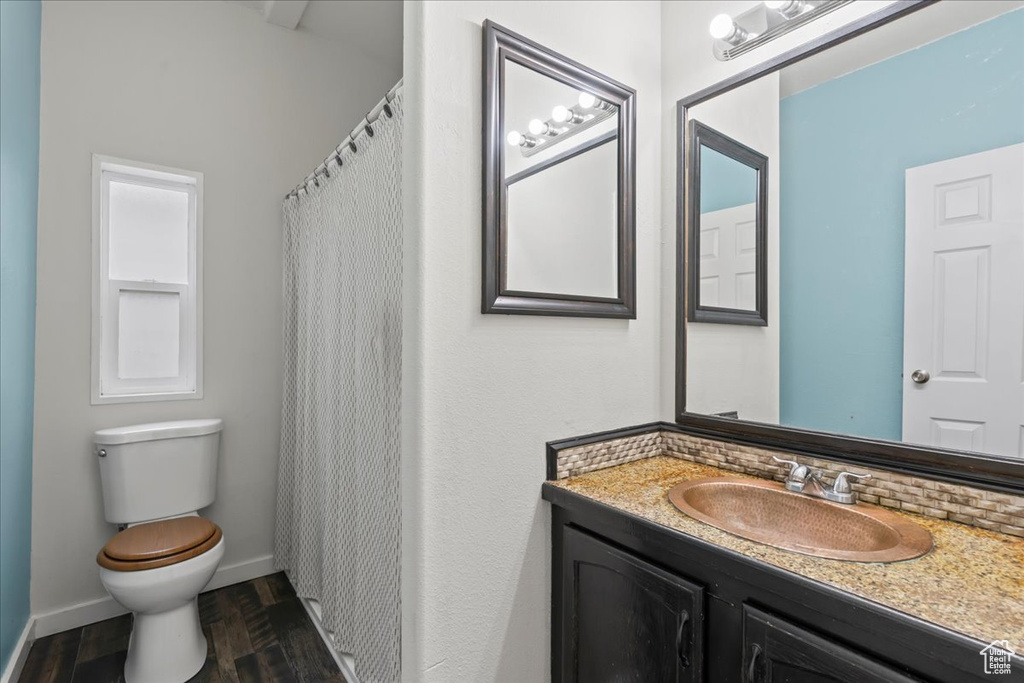 Bathroom featuring vanity, wood-type flooring, and toilet