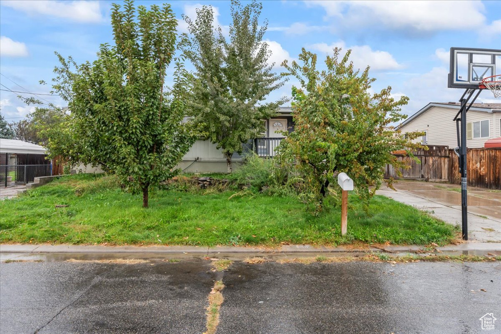 View of property hidden behind natural elements featuring basketball court