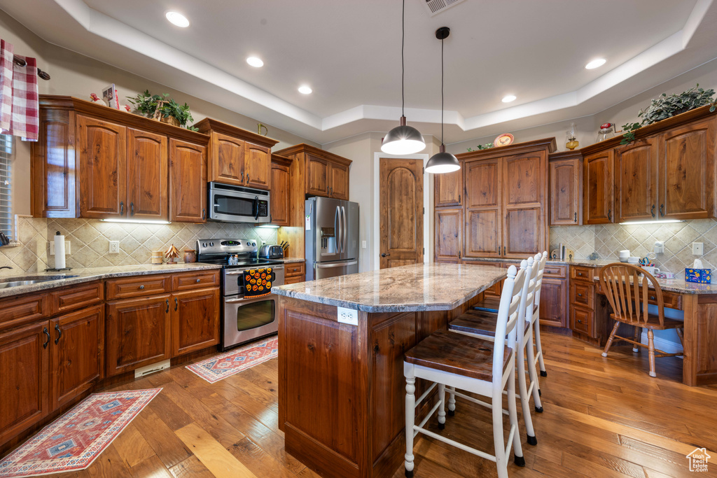 Kitchen with a tray ceiling, a center island, decorative light fixtures, light wood-type flooring, and appliances with stainless steel finishes