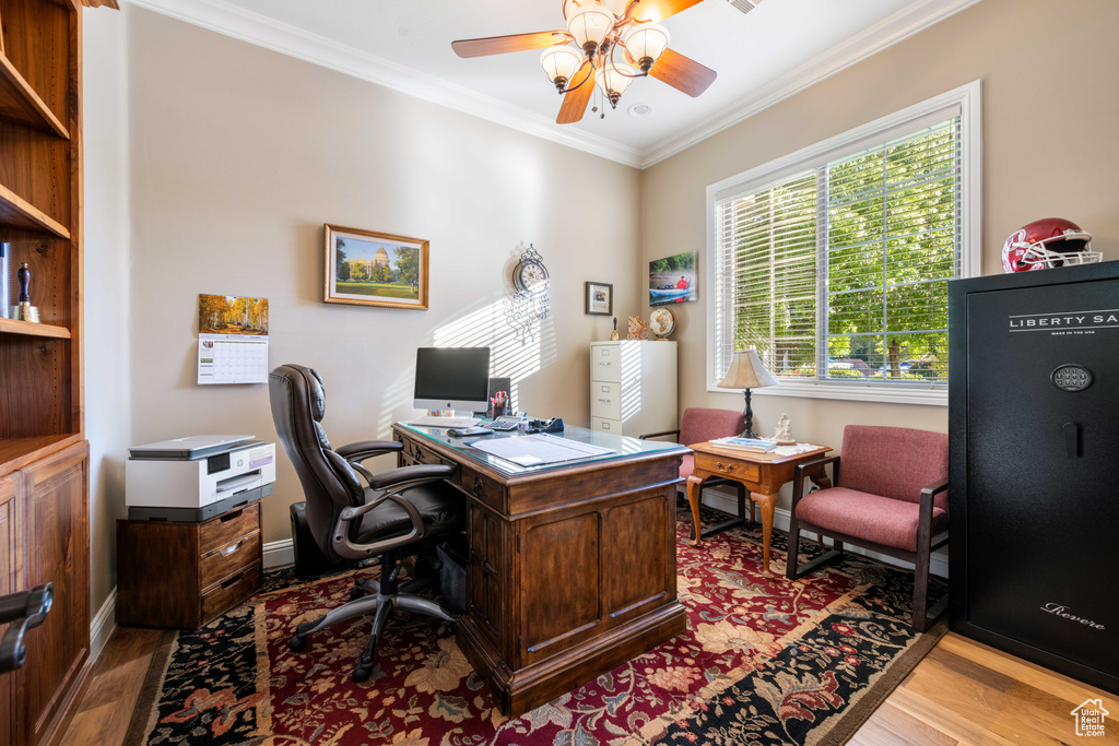 Office space featuring crown molding, hardwood / wood-style floors, and ceiling fan