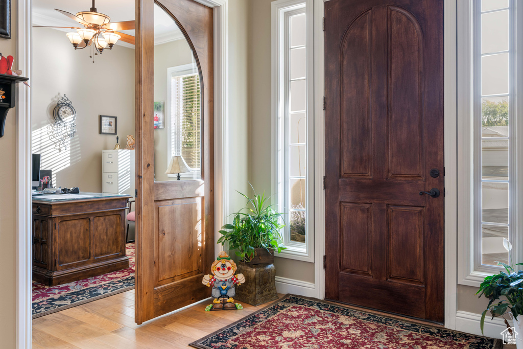 Foyer entrance with crown molding, light hardwood / wood-style floors, and ceiling fan