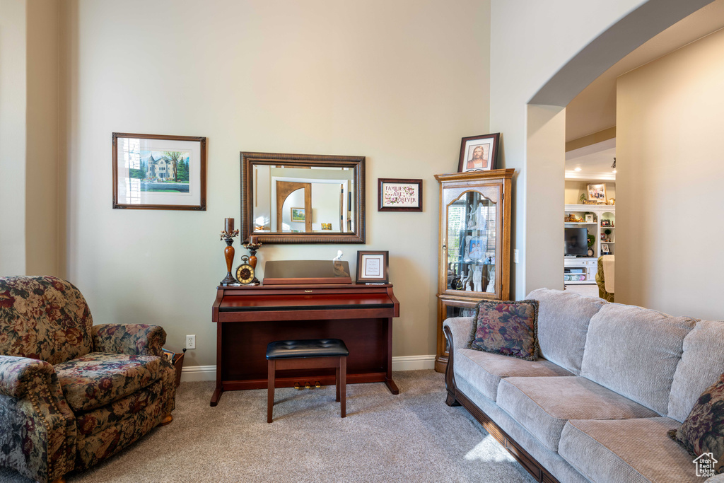 Carpeted living room with a high ceiling