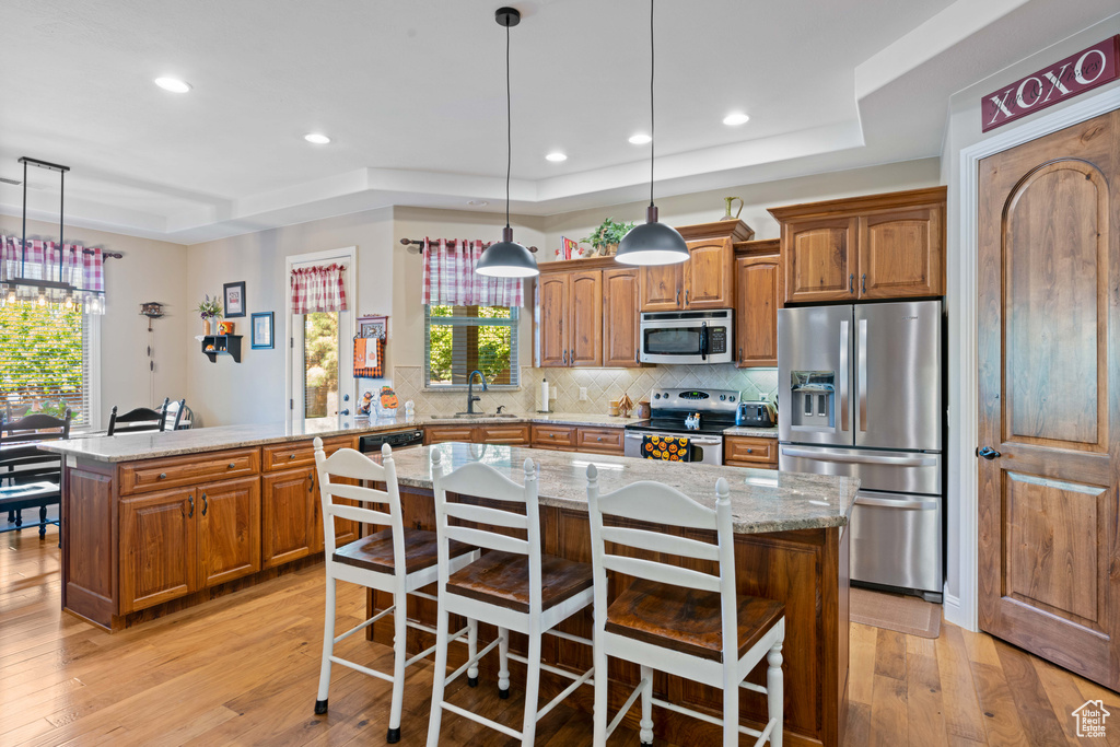 Kitchen featuring a kitchen island, appliances with stainless steel finishes, hanging light fixtures, and light hardwood / wood-style floors