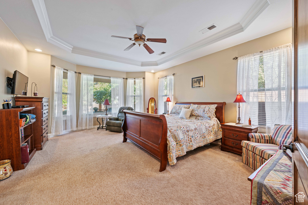 Bedroom featuring multiple windows, a tray ceiling, and ceiling fan