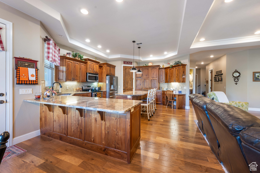 Kitchen featuring a tray ceiling, appliances with stainless steel finishes, wood-type flooring, and kitchen peninsula