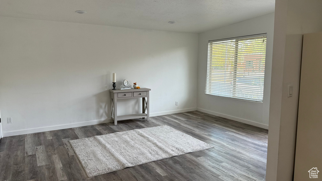 Empty room featuring dark wood-type flooring, a textured ceiling, and vaulted ceiling