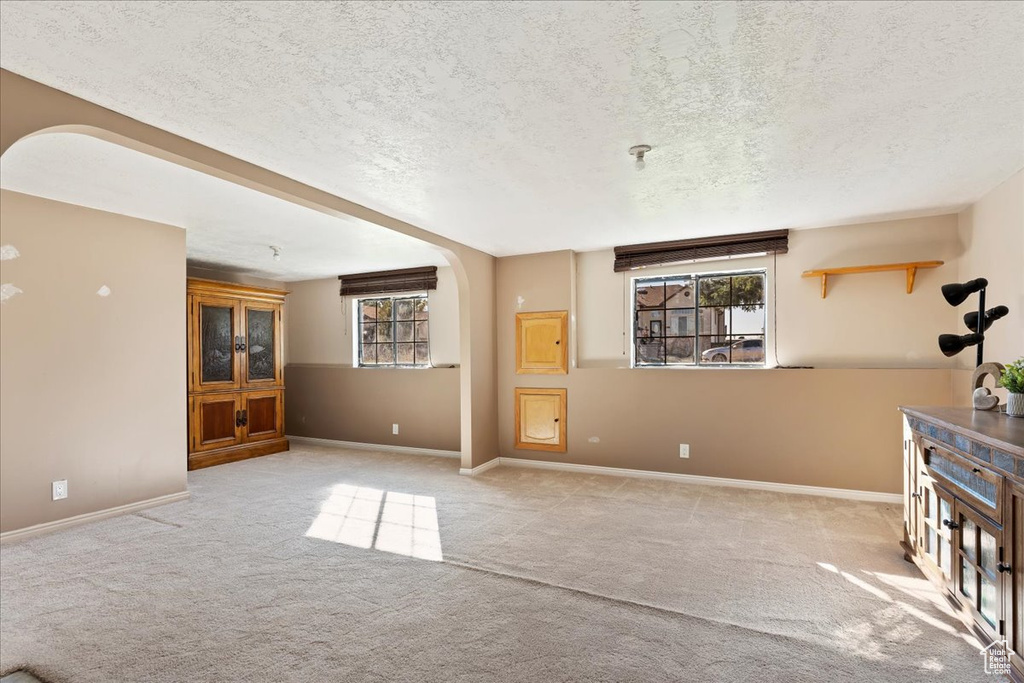 Unfurnished living room featuring a textured ceiling, a healthy amount of sunlight, and light colored carpet