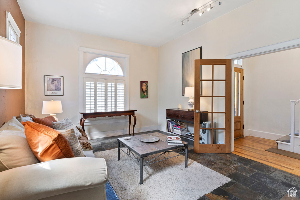 Living room featuring dark wood-type flooring