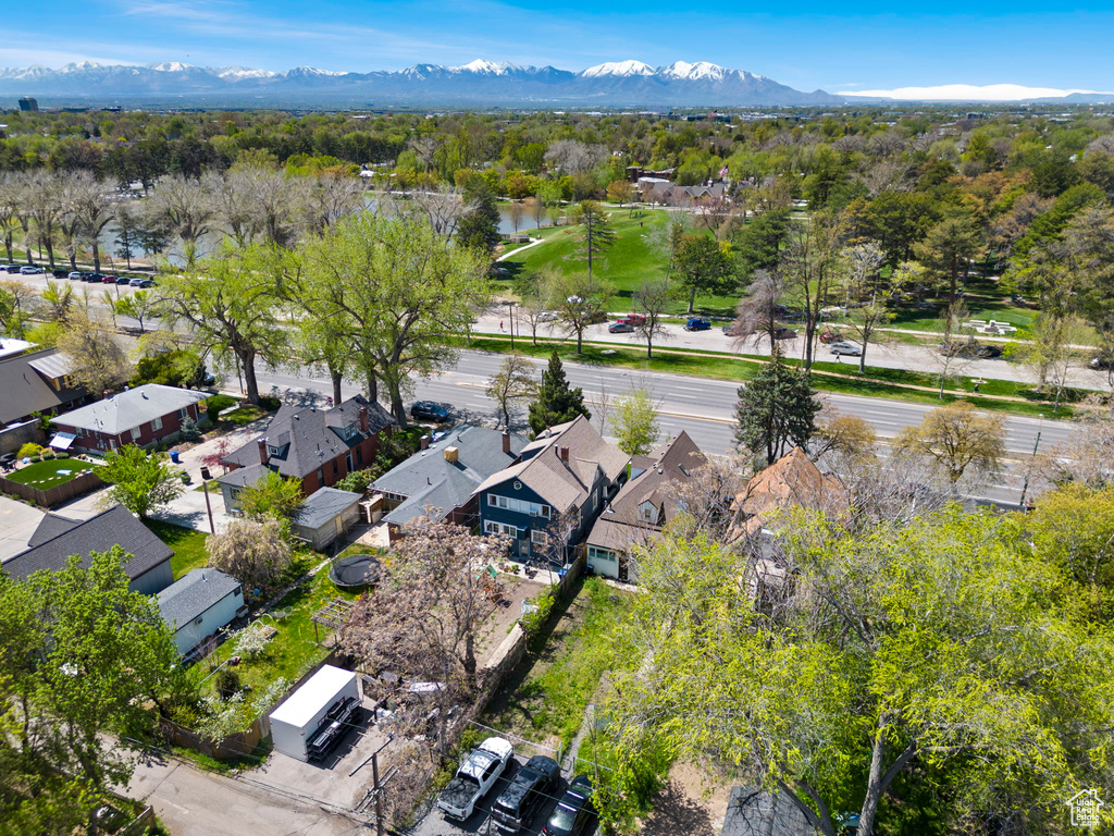 Drone / aerial view with a water and mountain view