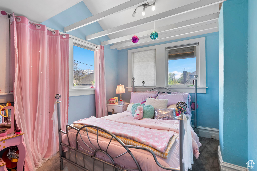 Carpeted bedroom featuring multiple windows