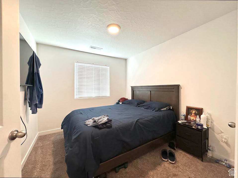 Carpeted bedroom with a textured ceiling