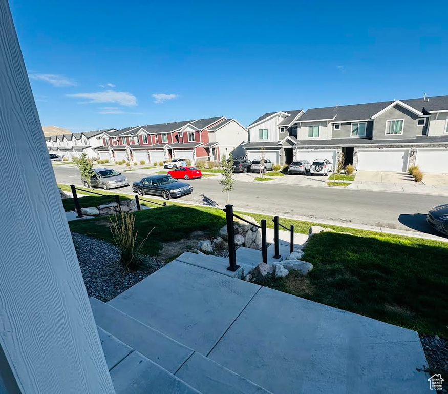 View of yard with a garage