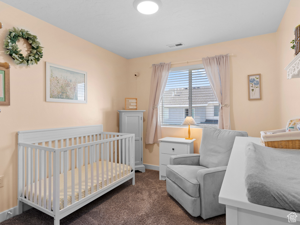 Carpeted bedroom with a nursery area