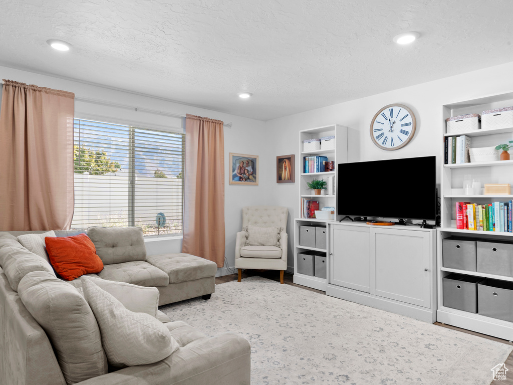 Living room featuring a textured ceiling and hardwood / wood-style flooring