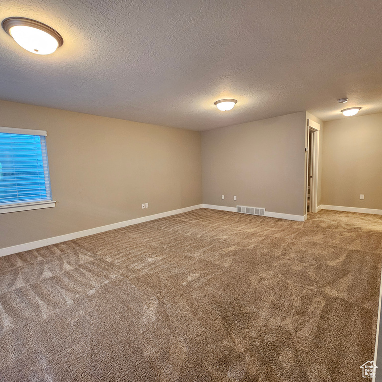 Spare room featuring a textured ceiling and carpet flooring