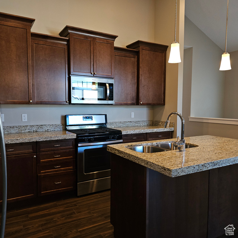 Kitchen featuring lofted ceiling, dark hardwood / wood-style floors, stainless steel appliances, sink, and decorative light fixtures