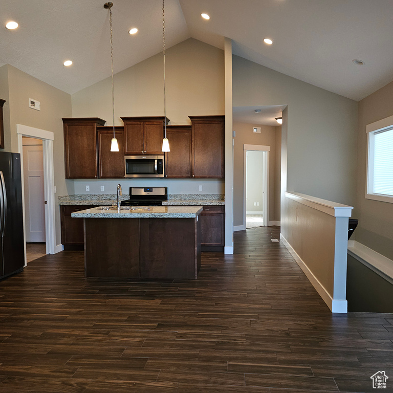 Kitchen with dark hardwood / wood-style flooring, a kitchen island with sink, high vaulted ceiling, pendant lighting, and stainless steel appliances