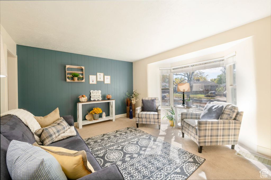 Living room with light colored carpet